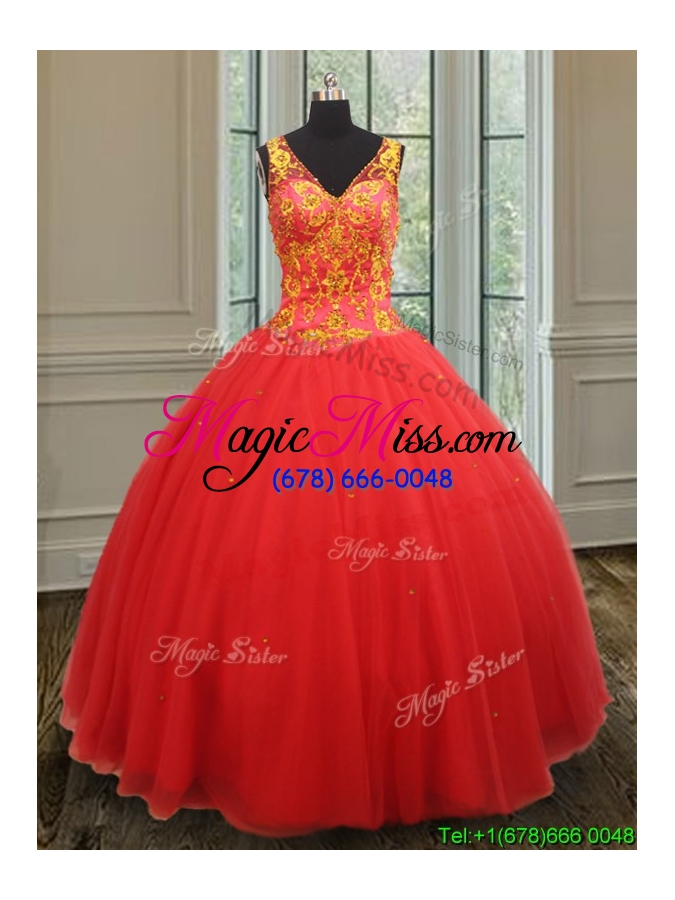 wholesale new style ball gown v neck rust red sweet 16 dress with beaded appliques