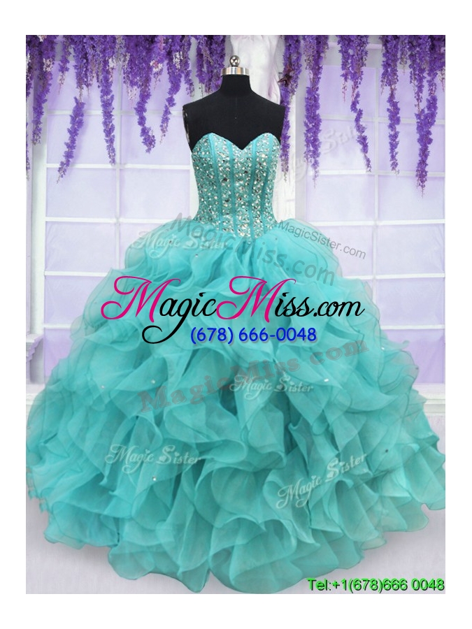 wholesale exclusive visible boning beaded and ruffled quinceanera dress in aqua blue