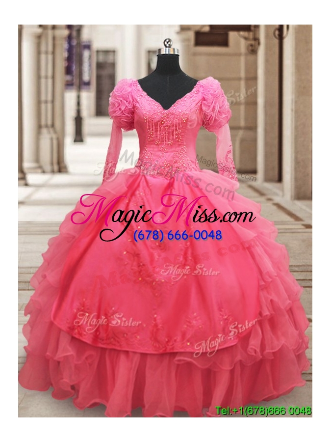 wholesale classical half sleeves watermelon red quinceanera dress with ruffled layers and embroidery
