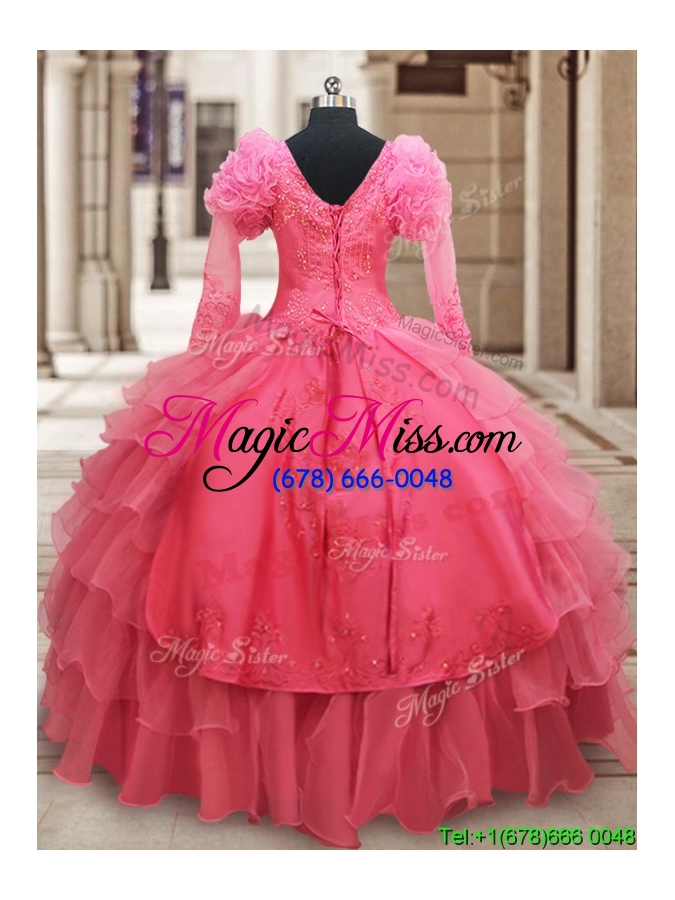 wholesale classical half sleeves watermelon red quinceanera dress with ruffled layers and embroidery