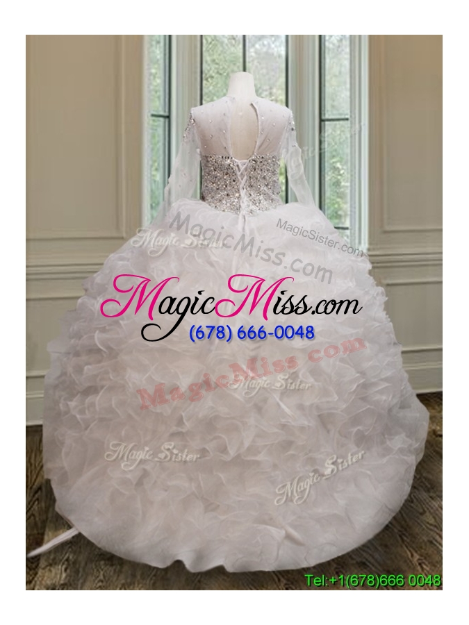 wholesale pretty see through scoop long sleeves quinceanera dress with brush train