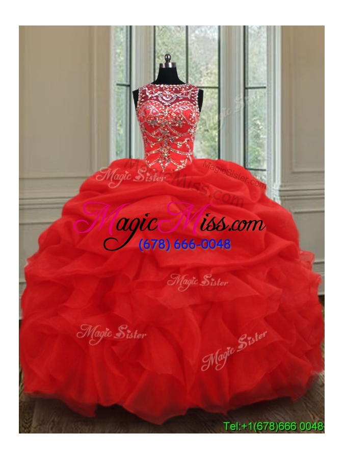 wholesale luxurious see through bateau bubble and ruffled red quinceanera dress in organza