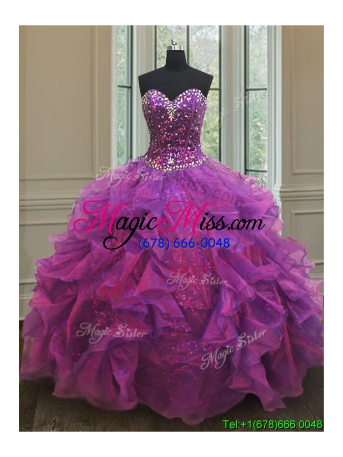 wholesale beautiful puffy skirt beaded and sequined purple sweet 16 dress with ruffles