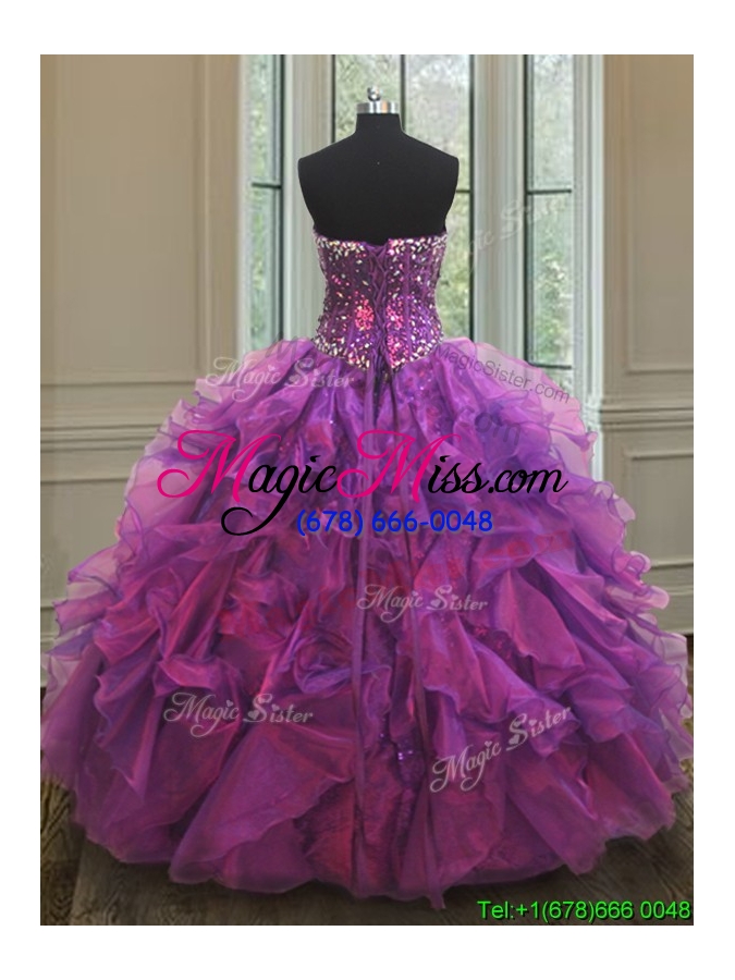 wholesale beautiful puffy skirt beaded and sequined purple sweet 16 dress with ruffles