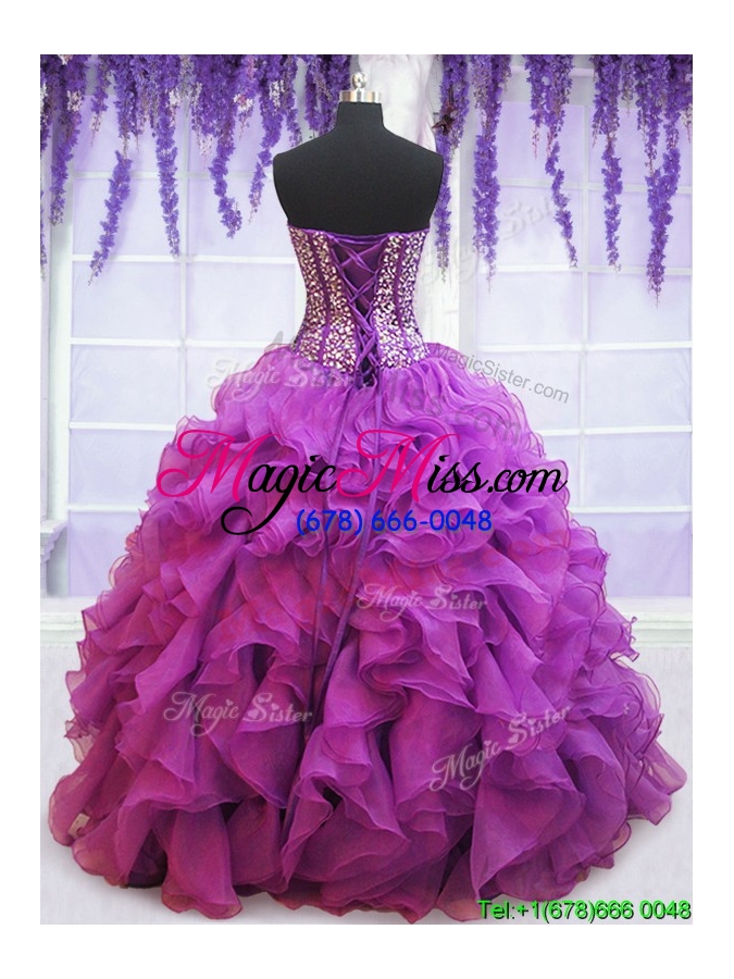 wholesale affordable visible boning eggplant purple quinceanera dress with beaded bodice and ruffles