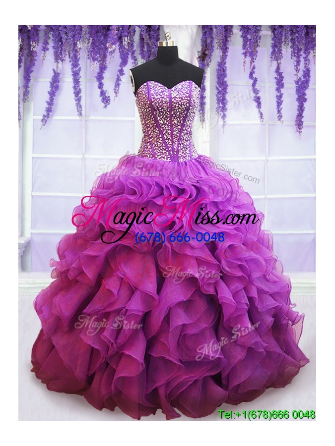wholesale affordable visible boning eggplant purple quinceanera dress with beaded bodice and ruffles
