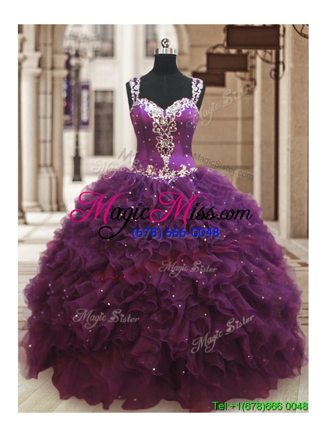 wholesale lovely see through back straps zipper up dark purple quinceanera dress