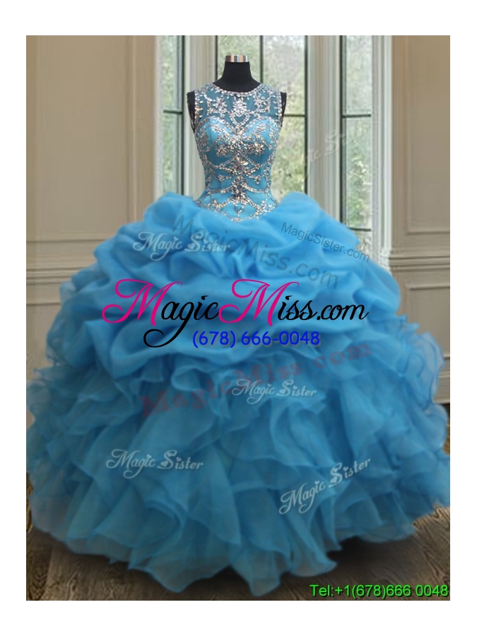 wholesale popular see through scoop beaded and bubble quinceanera dress in baby blue
