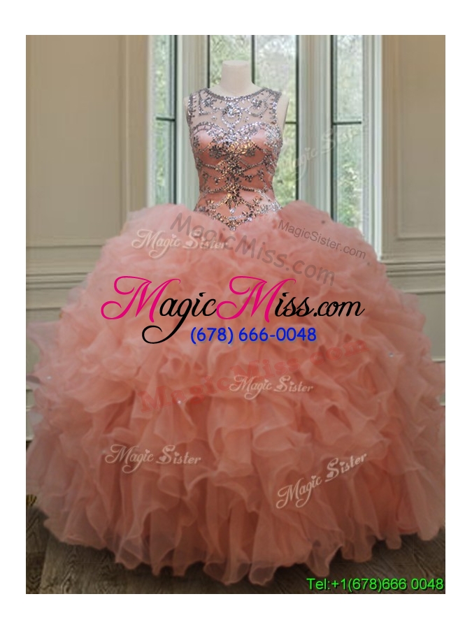 wholesale beautiful beaded and ruffled quinceanera dress with see through scoop