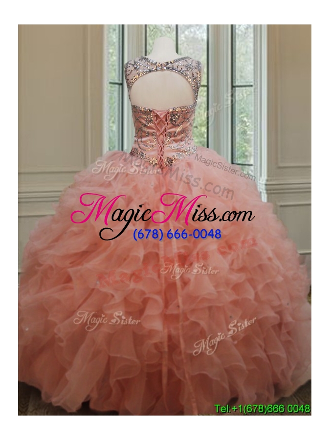 wholesale beautiful beaded and ruffled quinceanera dress with see through scoop