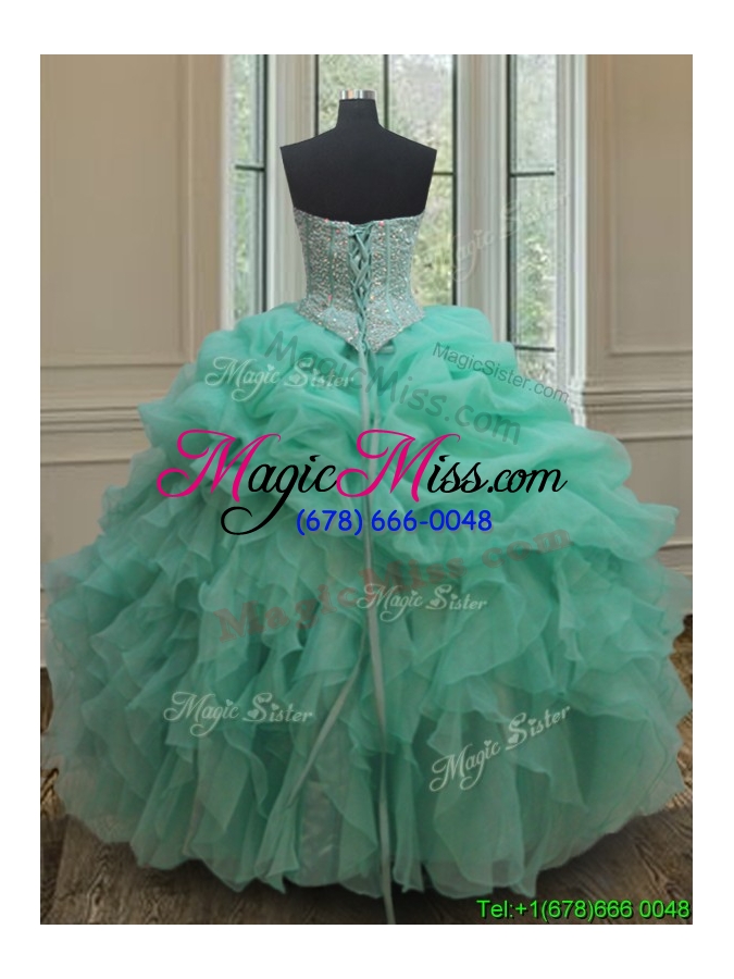 wholesale cheap beaded and bubble turquoise organza quinceanera dress with ruffles