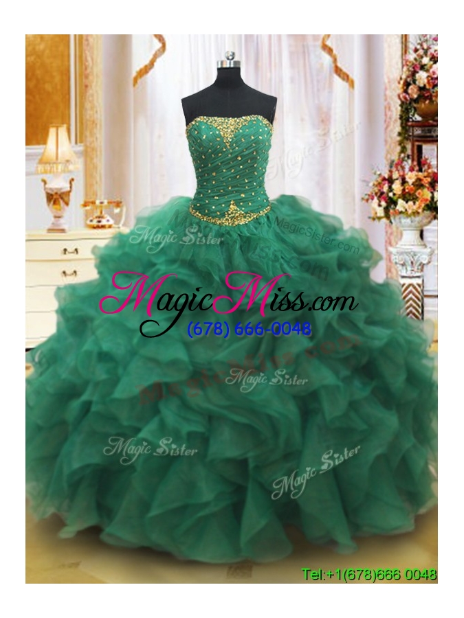 wholesale classical strapless beaded and ruffled quinceanera dress in dark green