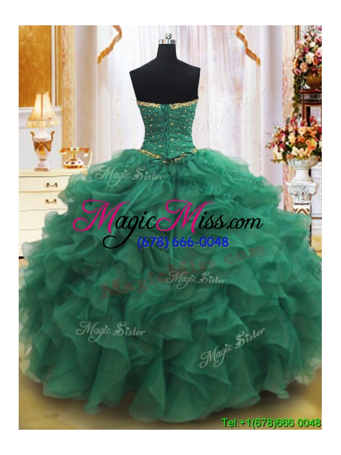 wholesale classical strapless beaded and ruffled quinceanera dress in dark green