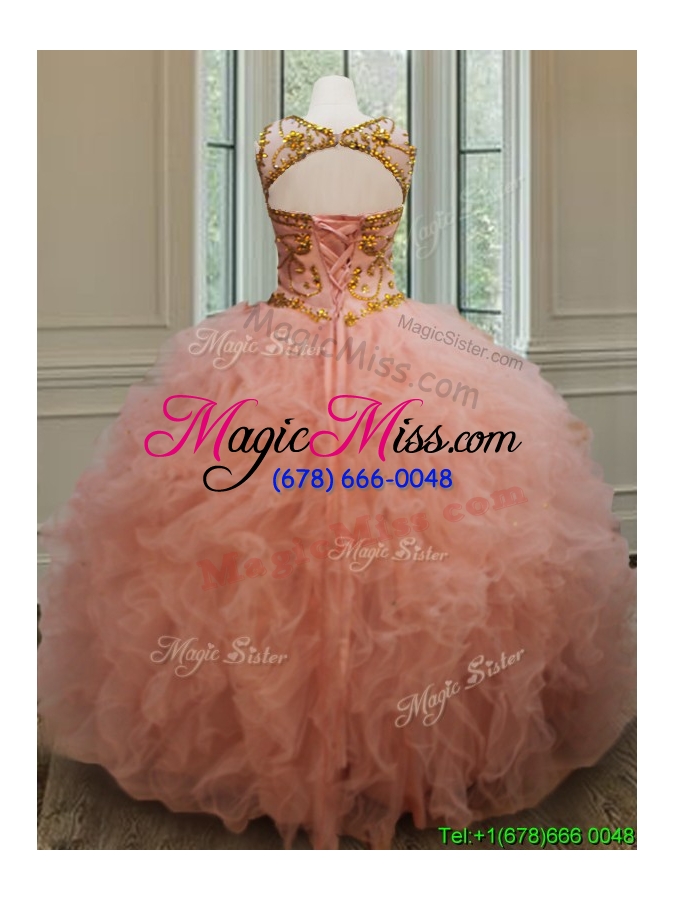 wholesale exquisite see through scoop beaded and ruffled quinceanera dress in peach