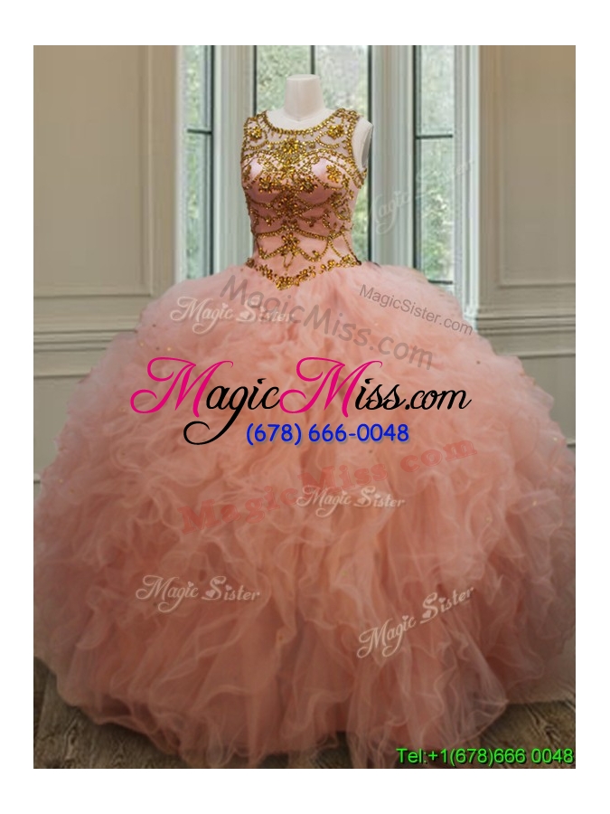 wholesale exquisite see through scoop beaded and ruffled quinceanera dress in peach