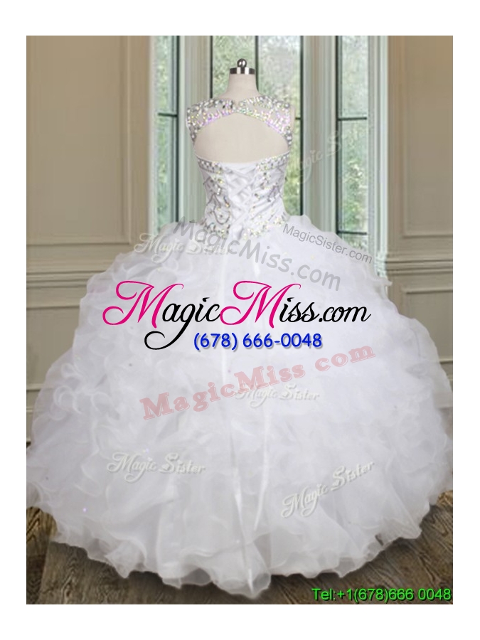 wholesale unique see through scoop beaded and ruffled quinceanera dress in white