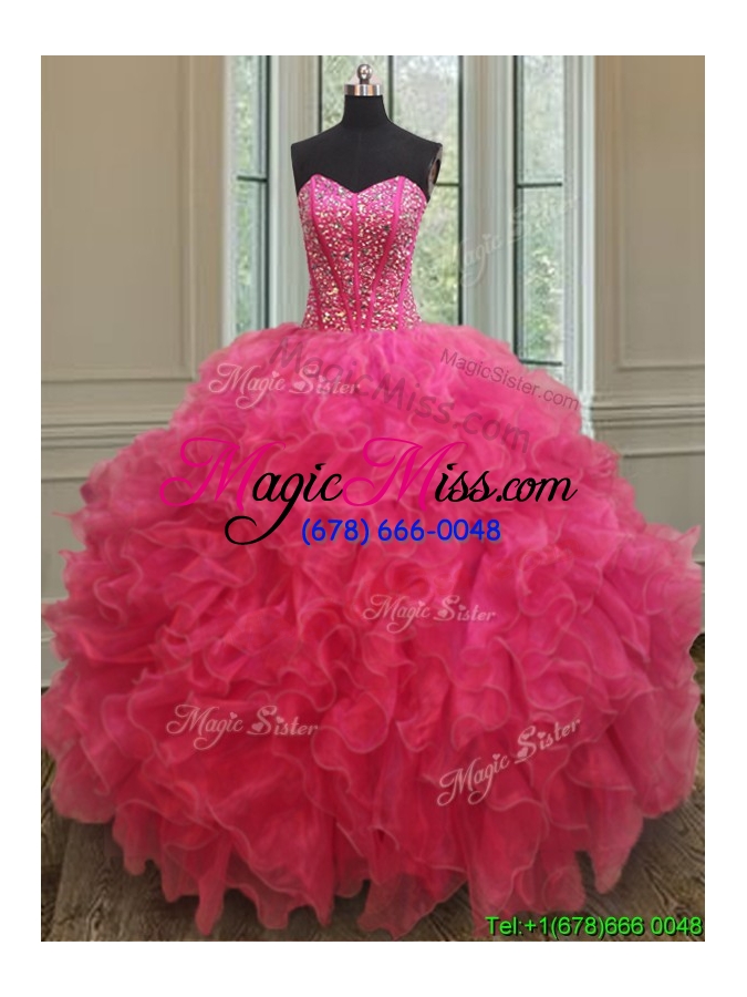 wholesale lovely visible boning beaded bodice quinceanera gown in hot pink