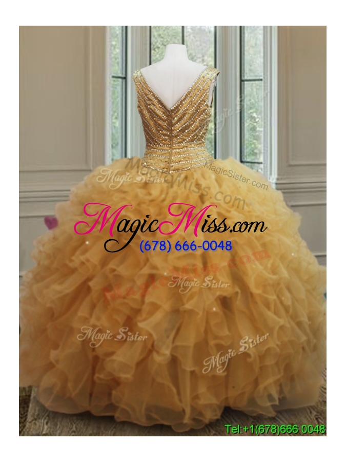 wholesale exclusive v neck zipper up gold sweet 16 dress with beading and ruffles