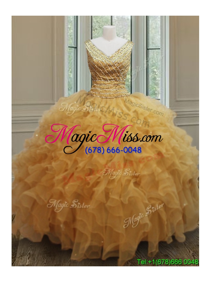 wholesale exclusive v neck zipper up gold sweet 16 dress with beading and ruffles