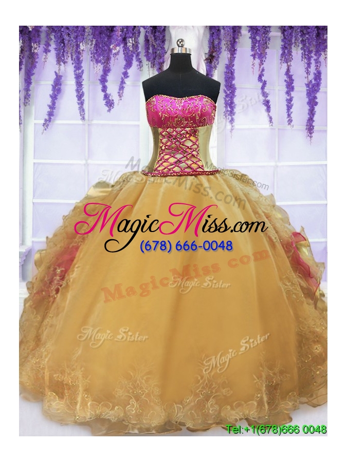 wholesale laced beaded and ruffled gold and hot pink quinceanera dress with brush train
