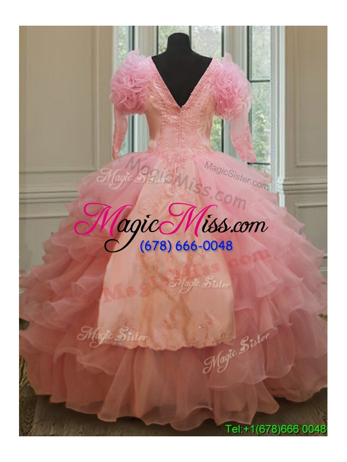 wholesale cheap v neck embroideried and ruffled layers quinceanera dress in baby pink