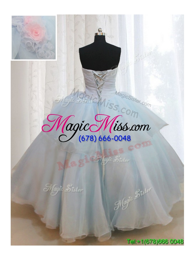 wholesale strapless light blue quinceanera dress with appliques and handmade flowers
