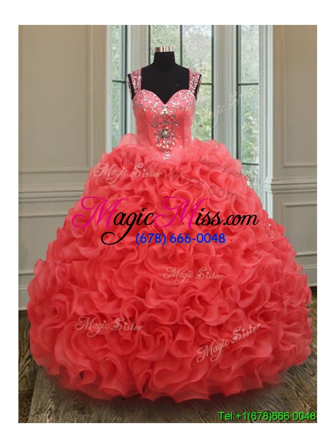 wholesale hot sale see through back coral red sweet 15 dress in rolling flowers