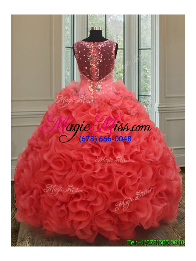 wholesale hot sale see through back coral red sweet 15 dress in rolling flowers
