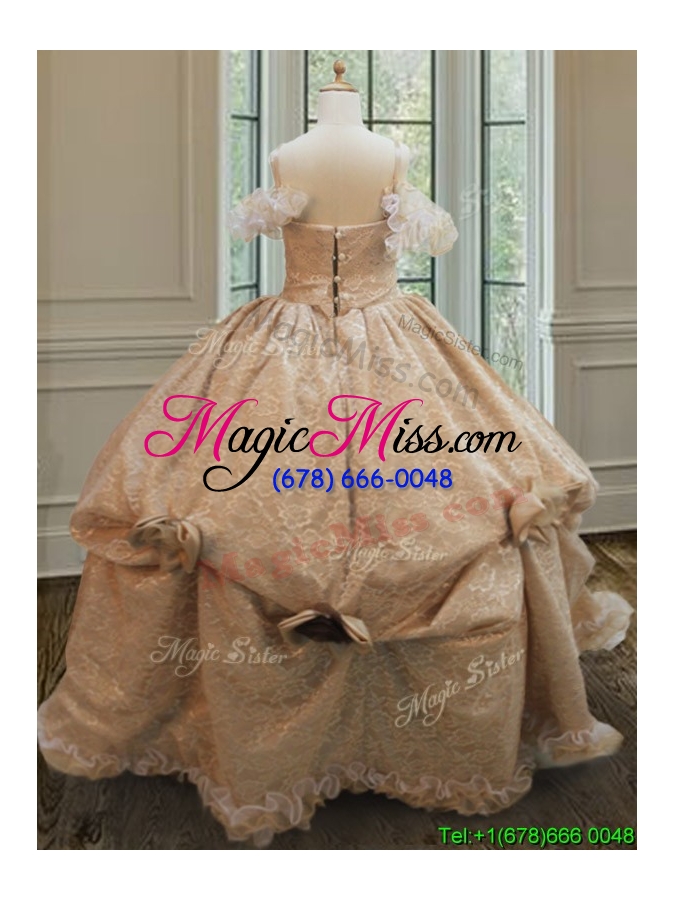 wholesale hot sale ruffled laced champagne quinceanera dress with handcrafted flowers