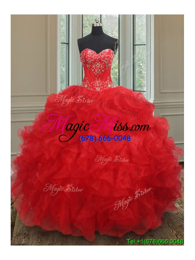 wholesale elegant organza red quinceanera dress with beading and ruffles