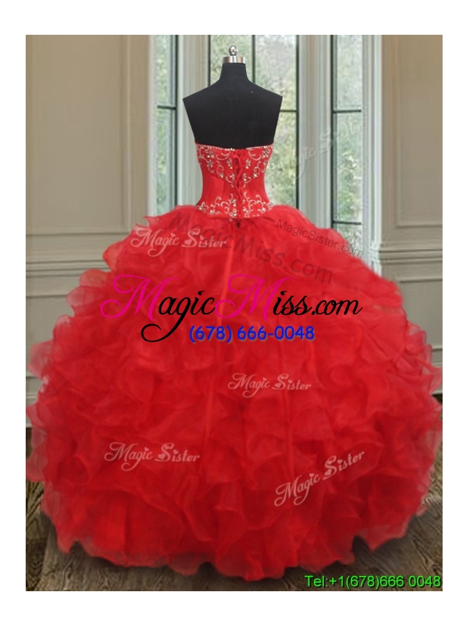 wholesale elegant organza red quinceanera dress with beading and ruffles