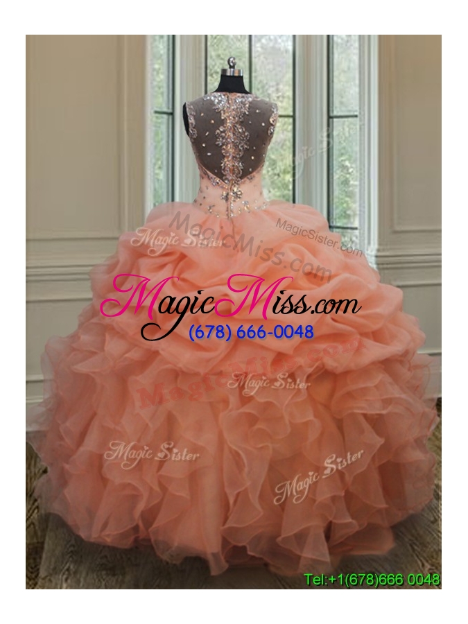wholesale popular see through back straps organza quinceanera gown with zipper up