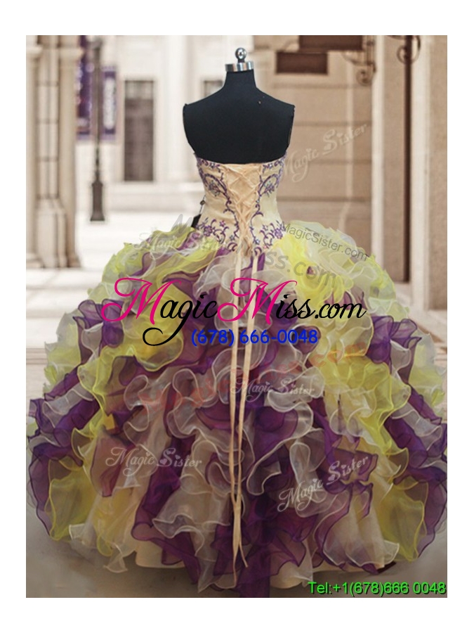 wholesale popular strapless rainbow colored quinceanera dress with beading and ruffles