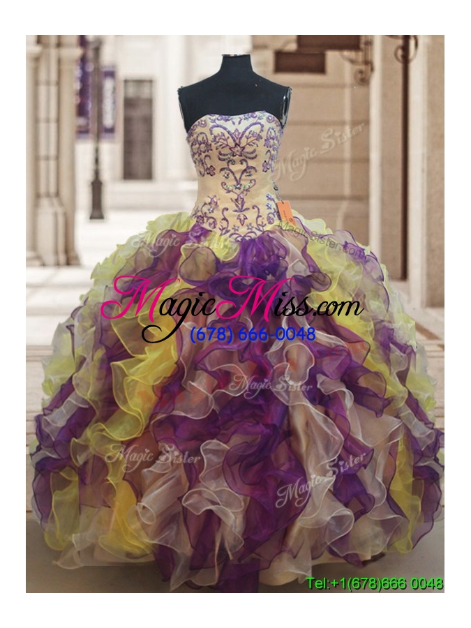 wholesale popular strapless rainbow colored quinceanera dress with beading and ruffles