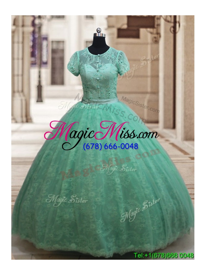 wholesale new style scoop zipper up laced quinceanera dress with short sleeves