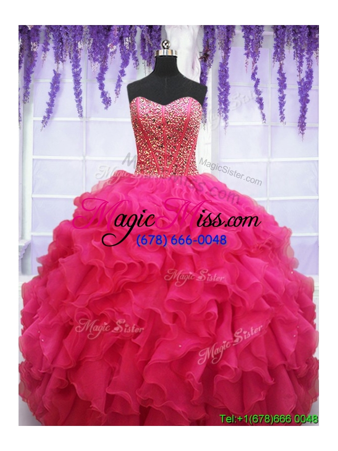 wholesale popular visible boning beaded bodice and ruffled quinceanera dress in hot pink