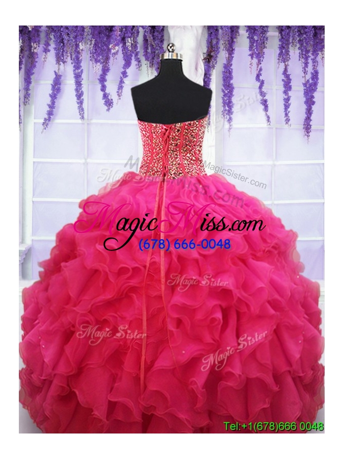 wholesale popular visible boning beaded bodice and ruffled quinceanera dress in hot pink
