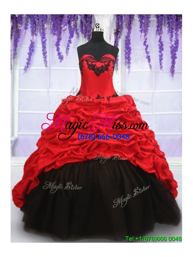 wholesale top seller brush train red and black quinceanera dress in organza and taffeta