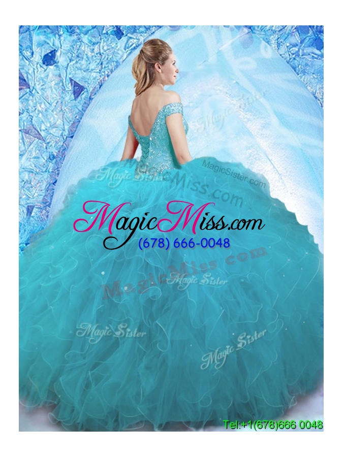 wholesale cheap beaded off the shoulder teal quinceanera dress in tulle