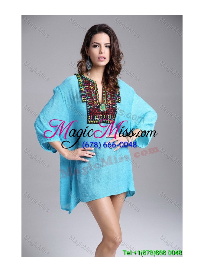 wholesale aqua blue long sleeves pullover fashion dress with embroidery