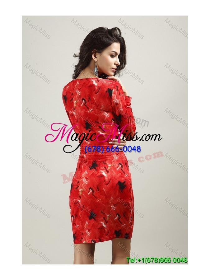 wholesale print knee-length long sleeves red fashion dress with zipper