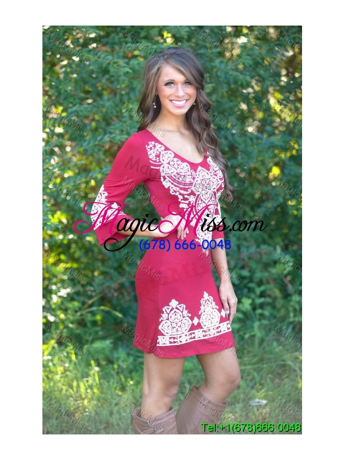 wholesale print 3/4 sleeves above knee fashion dress in hot pink