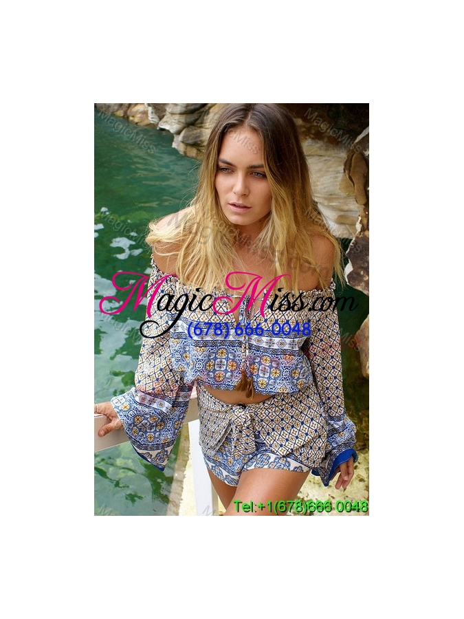 wholesale print boat neck above knee long sleeves multi-color beach fashion dress