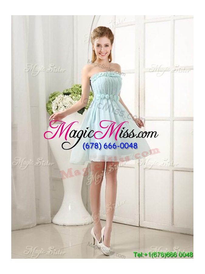 wholesale pretty knee-length strapless chiffon dama dress with hand made flowers