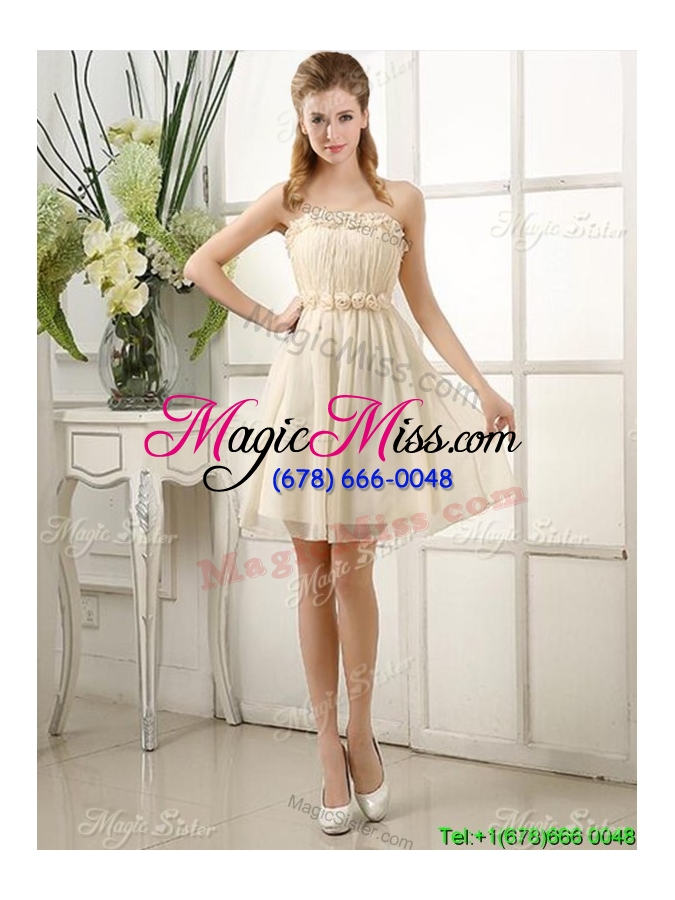 wholesale pretty knee-length strapless chiffon dama dress with hand made flowers