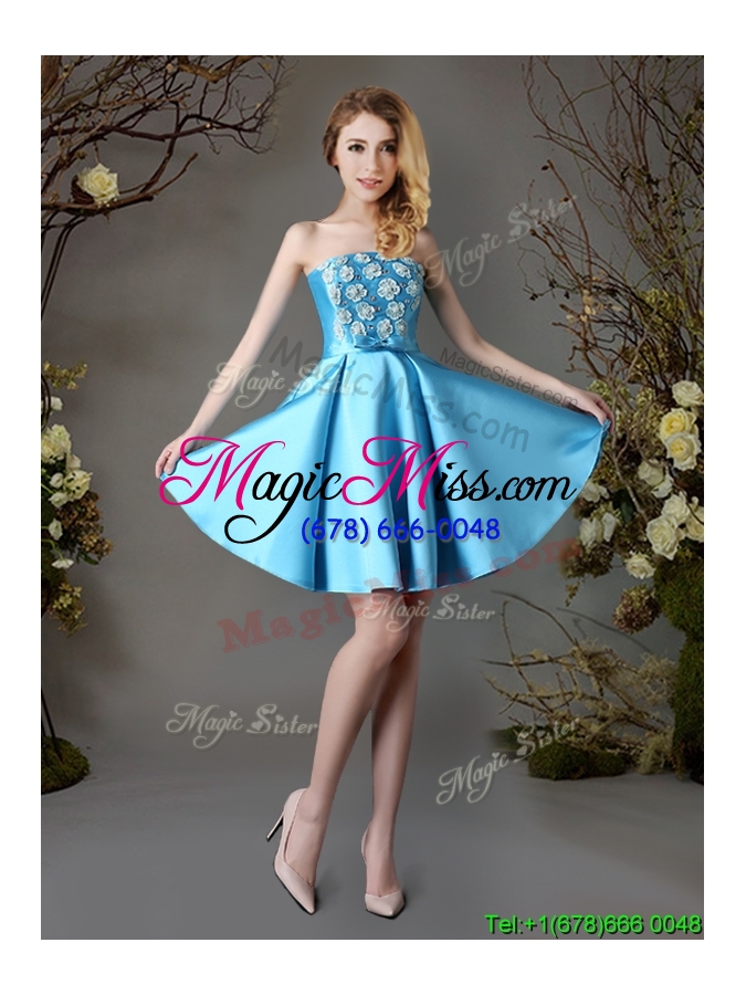 wholesale hot sale strapless appliques and bowknot short dama dress in baby blue