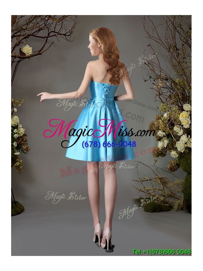 wholesale hot sale strapless appliques and bowknot short dama dress in baby blue