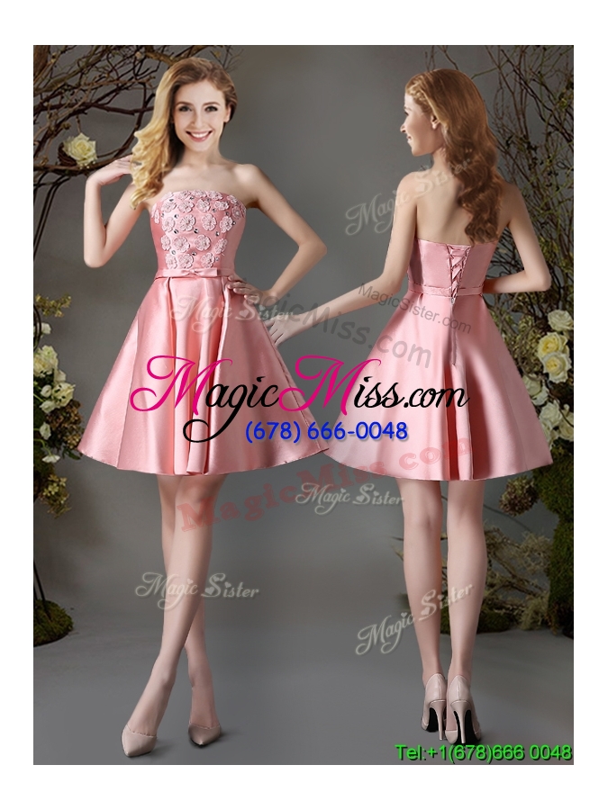 wholesale new arrivals strapless satin short prom dress with appliques and bowknot
