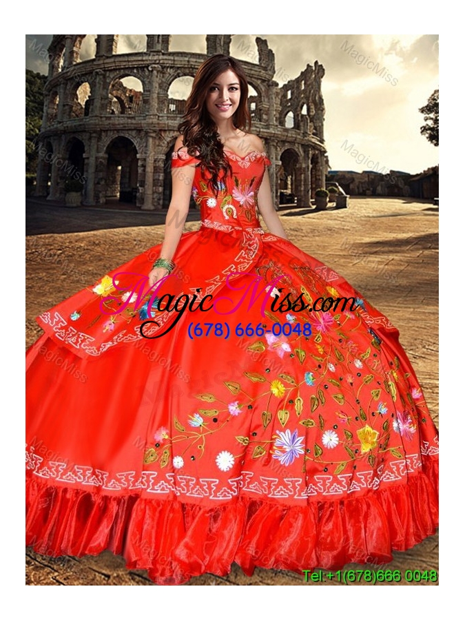 wholesale western style fashionable off the shoulder taffeta quinceanera dress with embroidery and bowknot