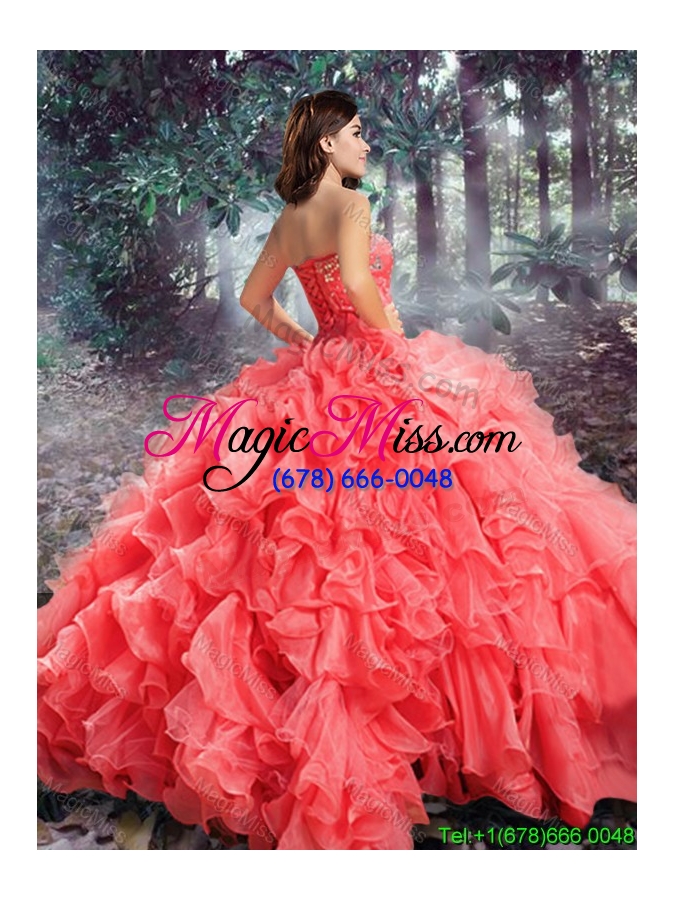 wholesale western theme top seller strapless beaded and ruffled organza quinceanera gown in coral red